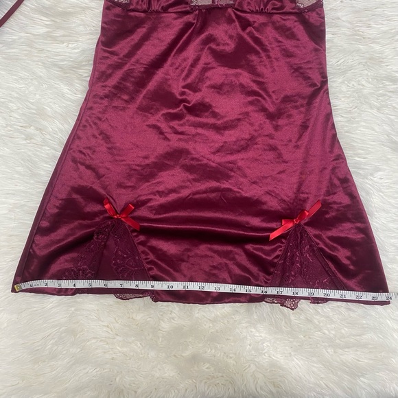 SHEIN | Satin Lace & Bows Babydoll Slip & G String Lingerie Maroon - Picture 13 of 14